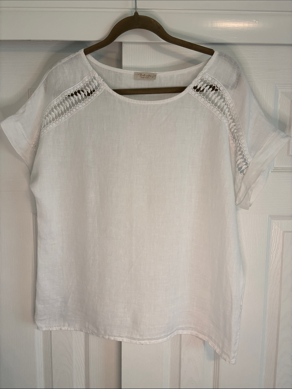 Made in Italy 100% Linen Cotton Crochet-Trim Short Sleeve Blouse by Bellamb’la